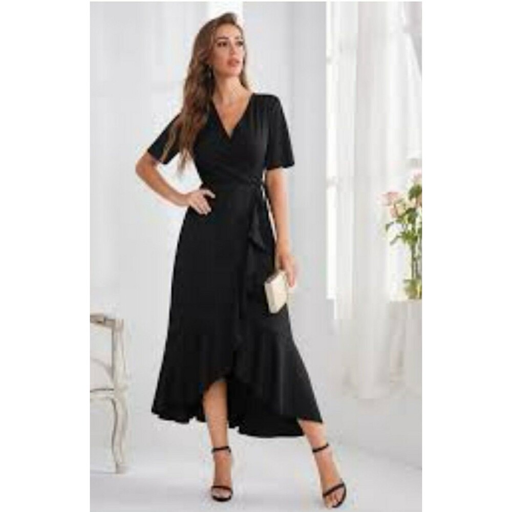 SHEIN BLACK short-sleeve wrap maxi dress V-neckline asymmetrical ruffle hem Lg